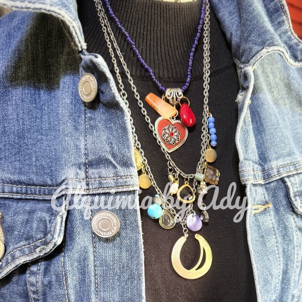 Gitana Charm Story Necklace • Mixed Metals & Sandstone • Boho Talisman - Picture 2 of 5